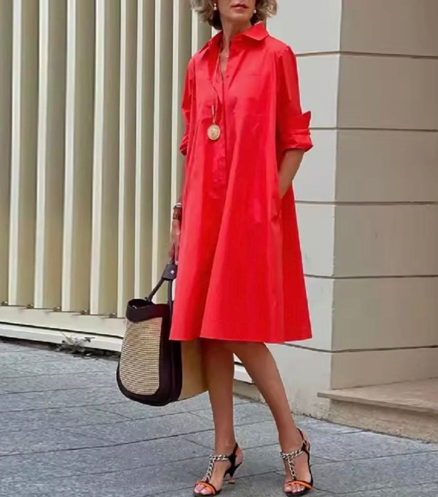 Carveth Women's Linen Summer Dress Shirt Style in Red
