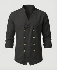 Caspar Linen Shirt with Stand Collar in Black