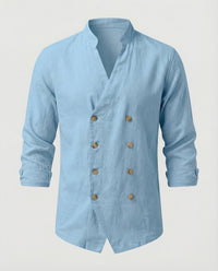 Caspar Linen Shirt with Stand Collar in Blue