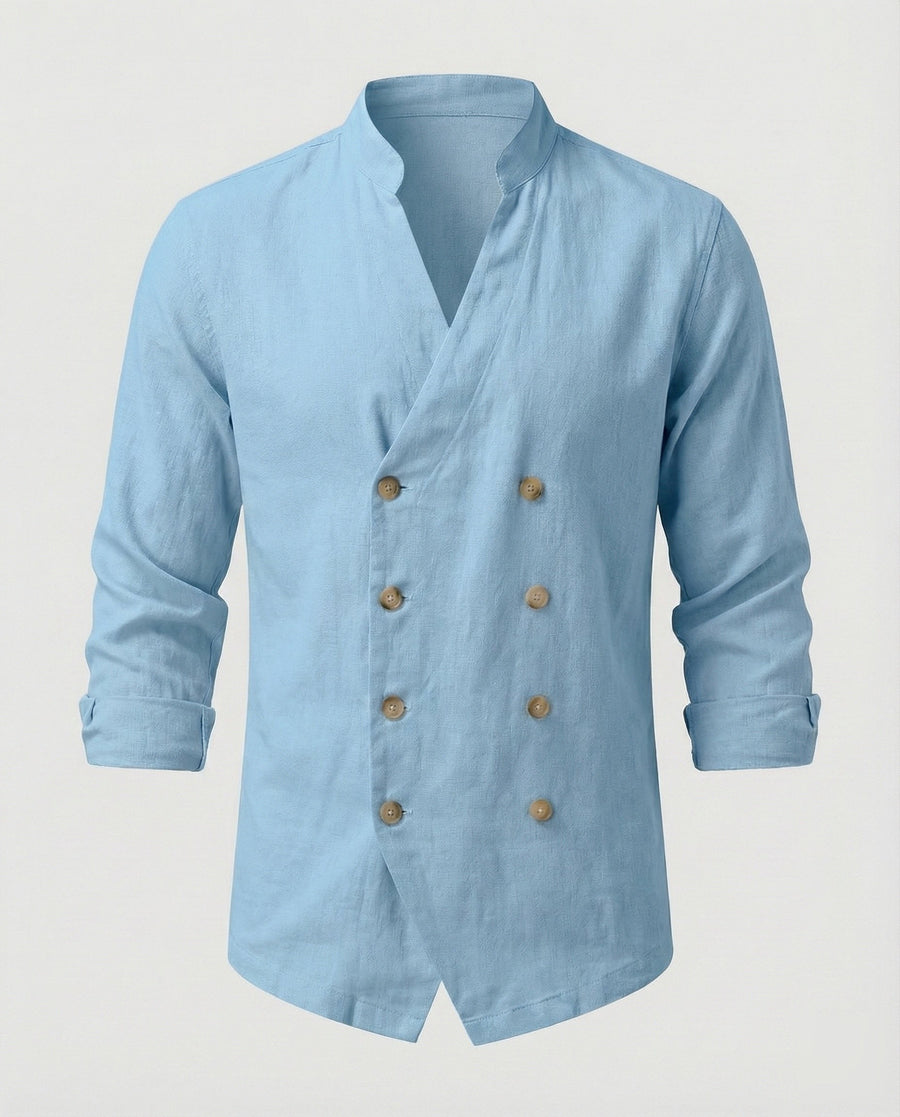 Caspar Linen Shirt with Stand Collar in Blue