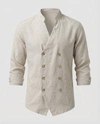 Caspar Linen Shirt with Stand Collar in White