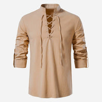 Casper Linen Shirt with Stand Collar in Apricot