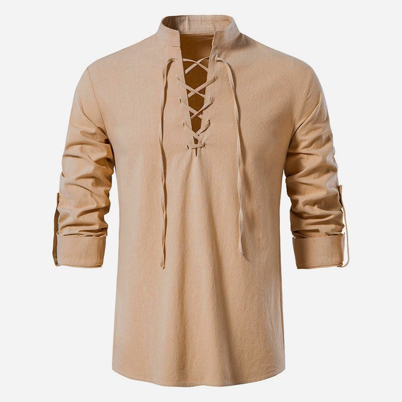 Casper Linen Shirt with Stand Collar in Apricot