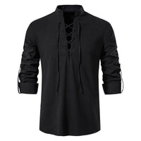 Casper Linen Shirt with Stand Collar in Black