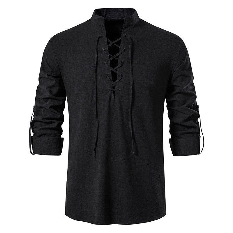 Casper Linen Shirt with Stand Collar in Black