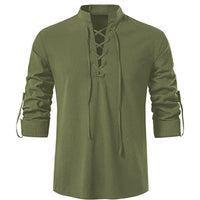 Casper Linen Shirt with Stand Collar in Olive