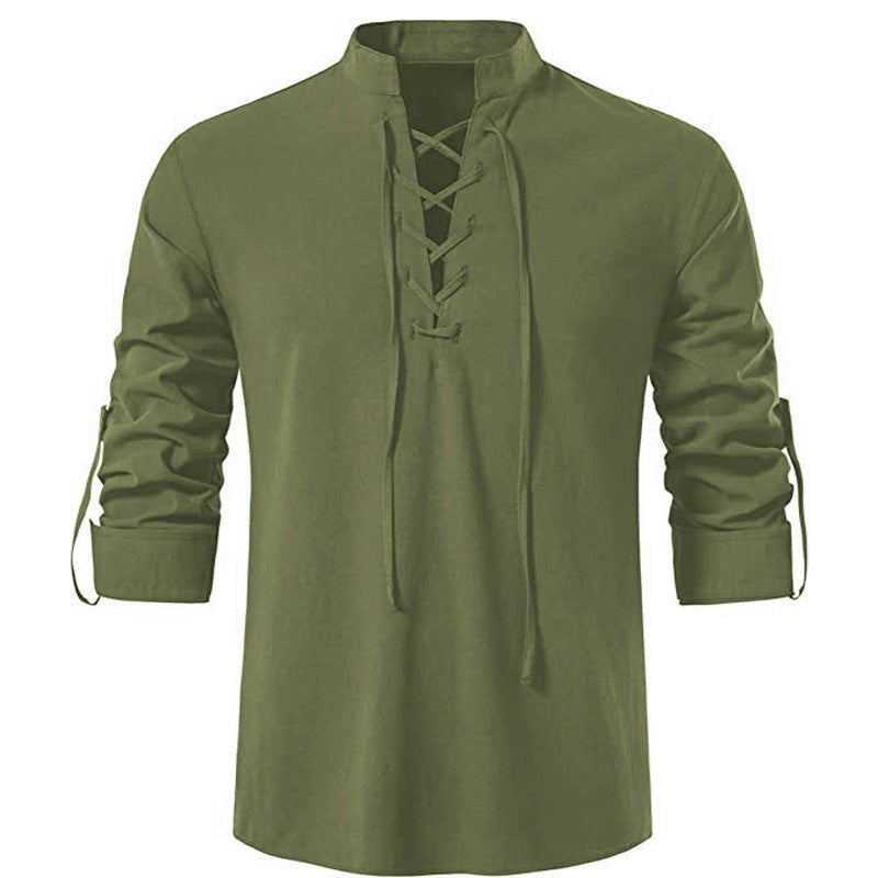 Casper Linen Shirt with Stand Collar in Olive