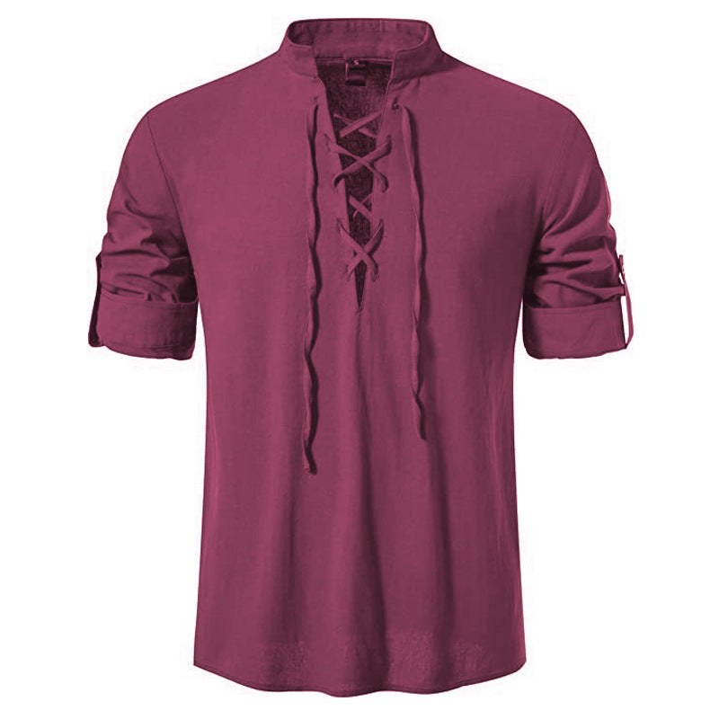 Casper Linen Shirt with Stand Collar in Red