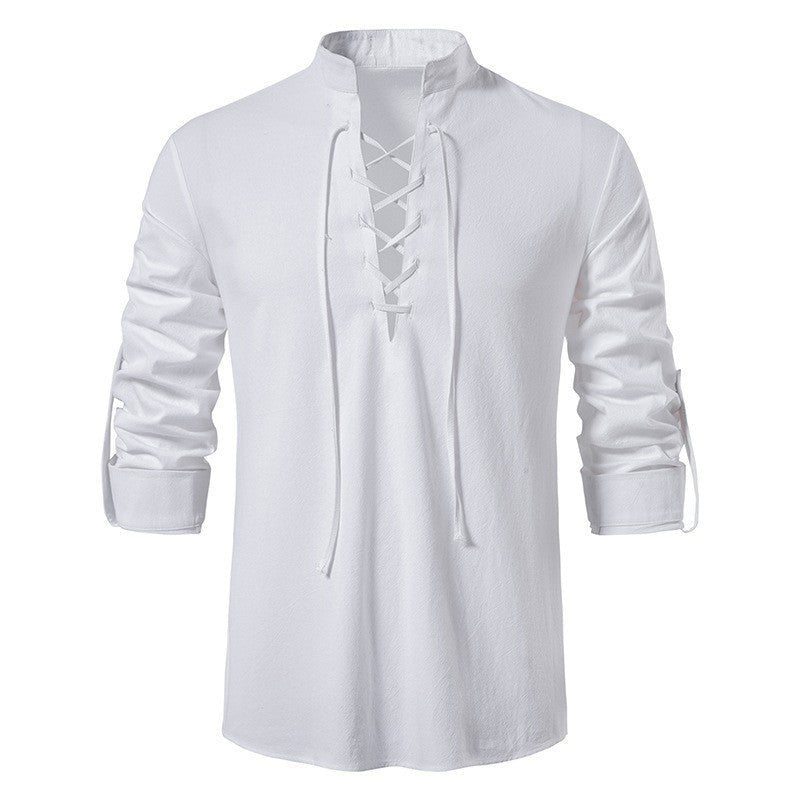 Casper Linen Shirt with Stand Collar in White