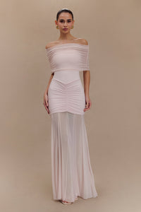 Caspian Slinky Mesh Off-Shoulder Maxi Dress in Pale Blue
