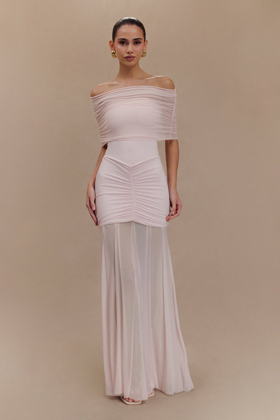 Caspian Slinky Mesh Off-Shoulder Maxi Dress in Pale Blue