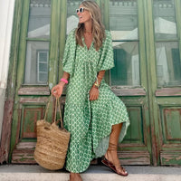 Cassandra Women's Geometric Print High-Low Dress in Green & White