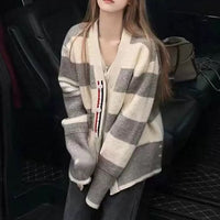 Cassia Casual Knit Cardigan with Pockets and Striped in Grey