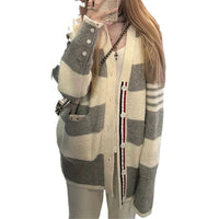Cassia Casual Knit Cardigan with Pockets and Striped in Grey