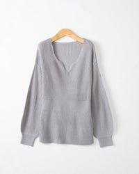 Cassia Casual Knit Sweater with V-Neck in Light Grey