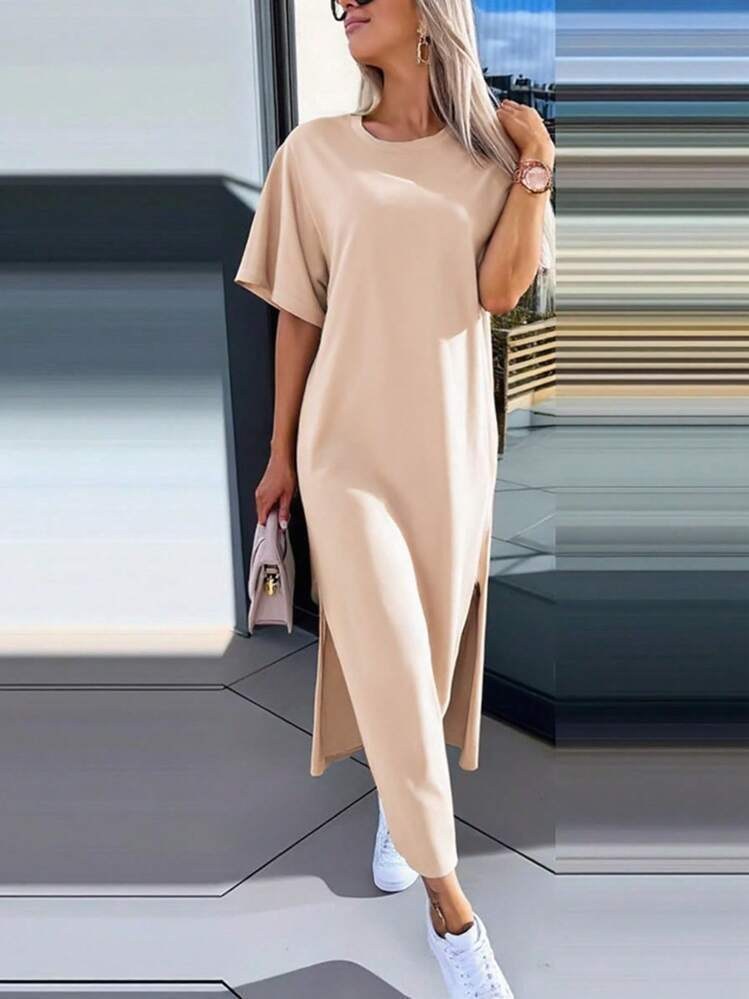 Cassia Casual Maxi Dress with Side Split and Oversized in Apricot