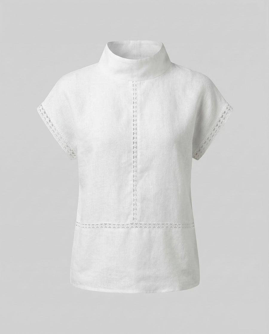 Cassia Linen Top with Stand Collar in White
