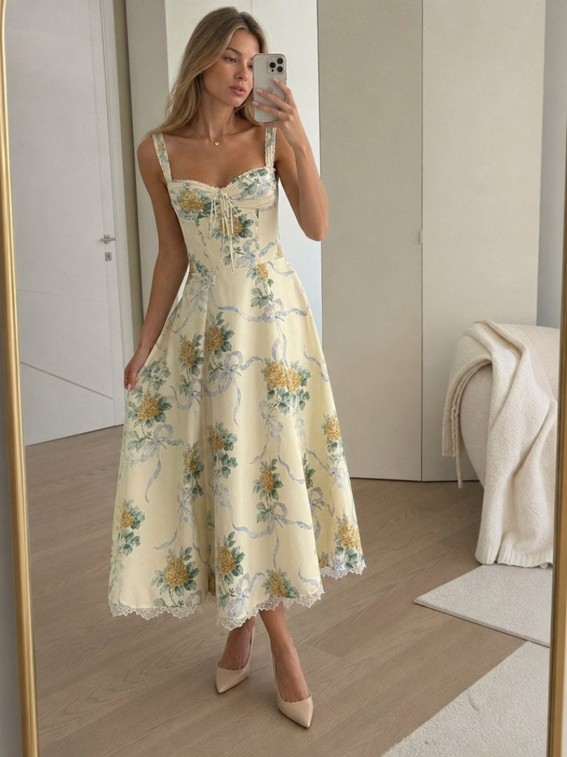 Cassia Women's Floral Midi Dress Corset Bodice in Beige