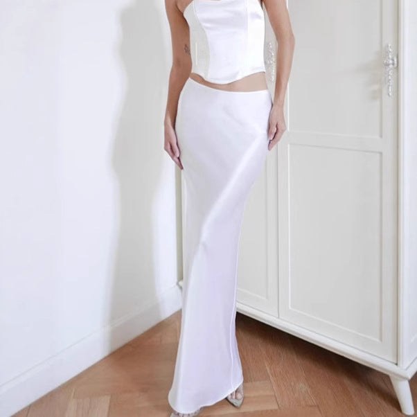 Catalina Elegant Satin Skirt with Side Split and Fitted in White