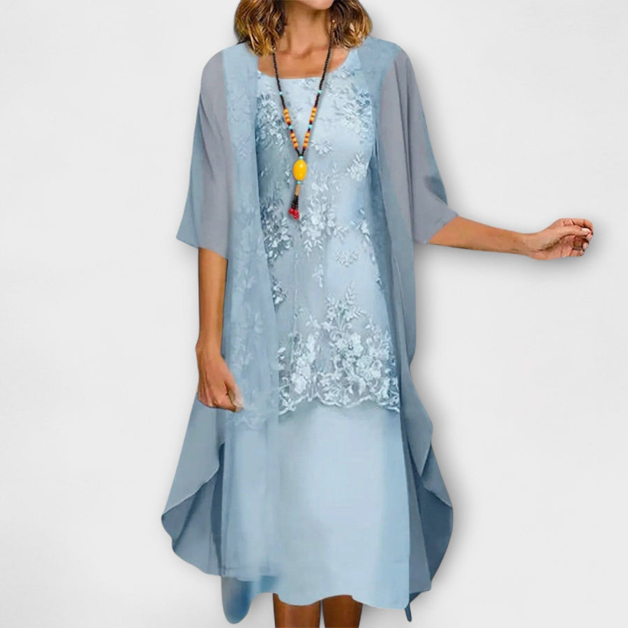 Catriona Women's Formal Lace Overlay Midi Dress in Light Blue