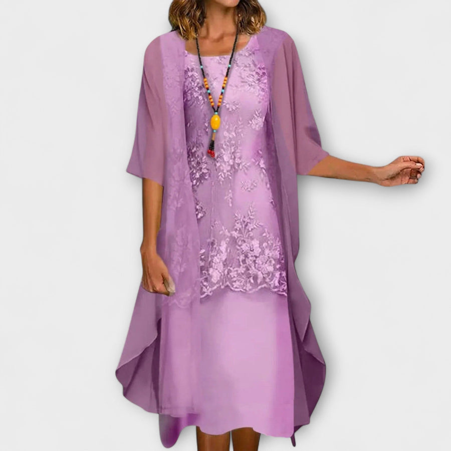 Catriona Women's Formal Lace Overlay Midi Dress in Purple