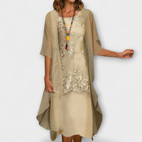 Catriona Women's Formal Lace Overlay Midi Dress in Yellow
