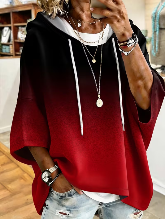 Ombre Gradient Drawstring Hooded Half Sleeve Top