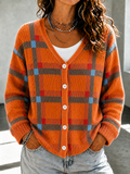 Plaid Pattern V-Neck Button Front Knit Cardigan