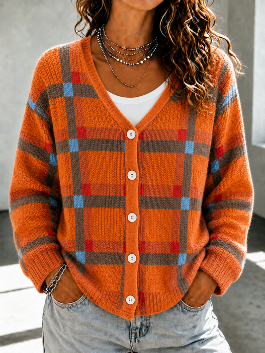 Plaid Pattern V-Neck Button Front Knit Cardigan