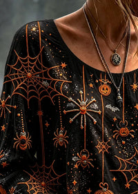 Halloween Spider Web Pumpkin Print Crew Neck Long Sleeve Blouse