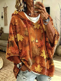Autumn Maple Leaf Print Drawstring Hooded Half Sleeve Hoodie