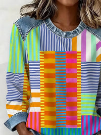 Colorful Patchwork Stripe Denim Spliced Crew Neck Long Sleeve Sweatshirt