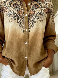 Vintage Floral Gradient Button Down Collared Long Sleeve Shirt