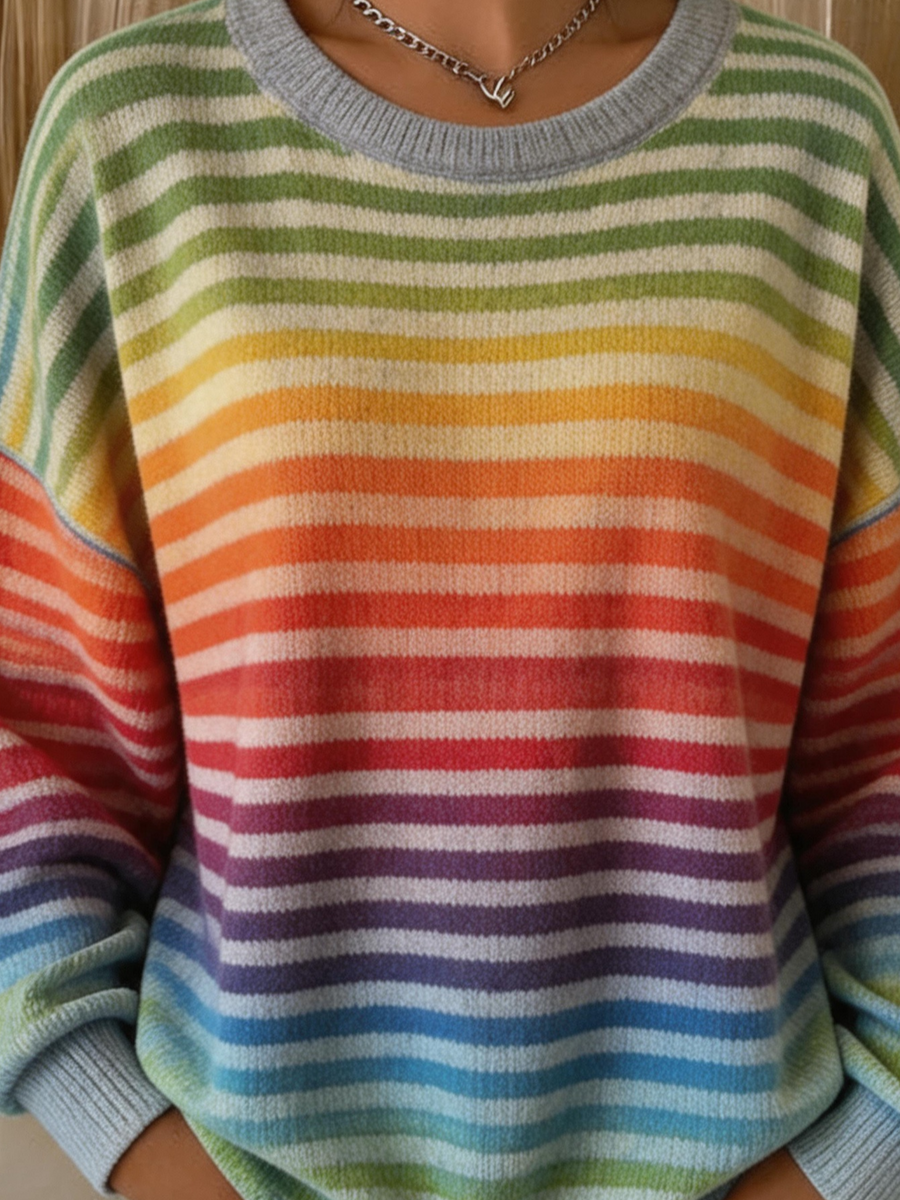 Gradient Rainbow Stripe Crew Neck Long Sleeve Casual Sweatshirt