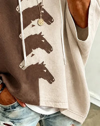 Color Block Horse Print Short Sleeve Drawstring Hoodie