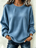Waffle Knit Solid Crew Neck Drop Shoulder Long Sleeve Sweatshirt