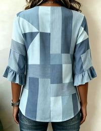 Women Abstract Graphic Vintage Blouse V Neck Half Sleeve Top