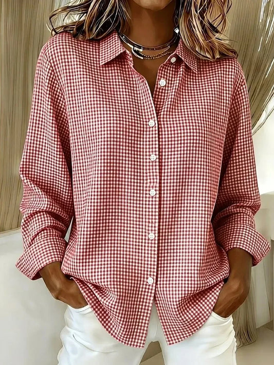 Women Plaid Casual Shirt Shirt Collar Long Sleeve Buckle Top