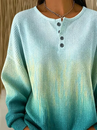 Gradient Dip Dye Waffle Knit Henley Crew Neck Long Sleeve Sweatshirt