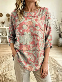 Women's Vintage Pink Retro Floral Print Boat Neck Three Quarter Sleeve Top