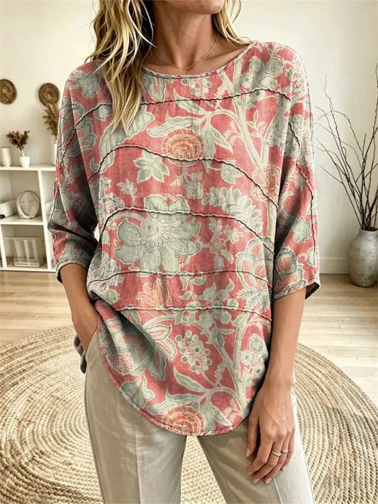 Women's Vintage Pink Retro Floral Print Boat Neck Three Quarter Sleeve Top