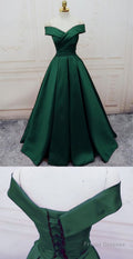 Emerald Green Long Satin Evening Dresses, V Neck Off The Shoulder Prom Dresses - Picture Color / US4
