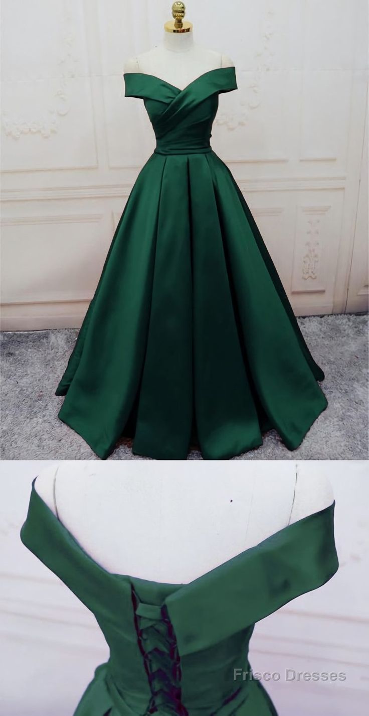 Emerald Green Long Satin Evening Dresses, V Neck Off The Shoulder Prom Dresses - Picture Color / US4