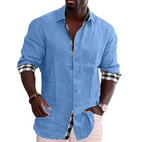 Cedric Linen Blend Shirt with Chest Pocket in Blue