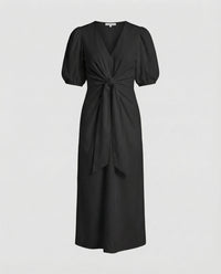 Celeste Linen Blend Midi Dress with Belted in Black
