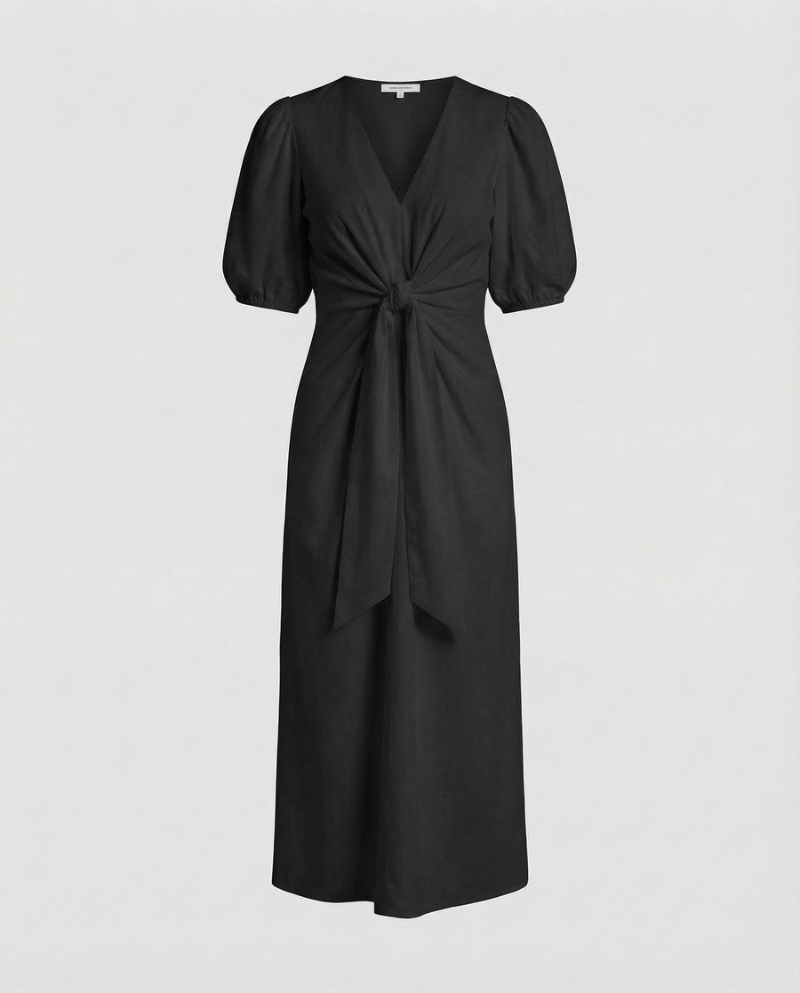 Celeste Linen Blend Midi Dress with Belted in Black
