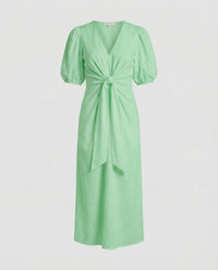 Celeste Linen Blend Midi Dress with Belted in Light Green