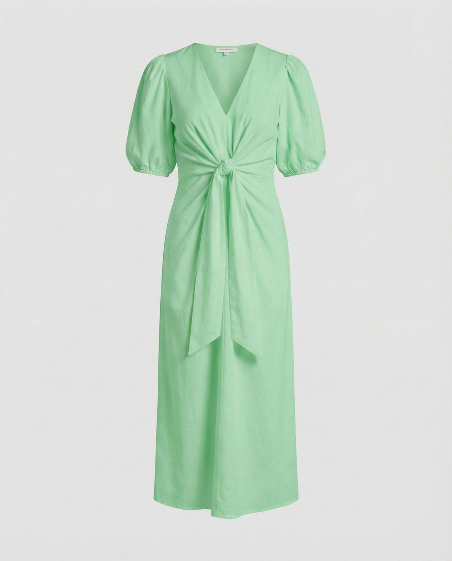 Celeste Linen Blend Midi Dress with Belted in Light Green