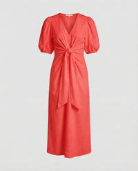 Celeste Linen Blend Midi Dress with Belted in Red