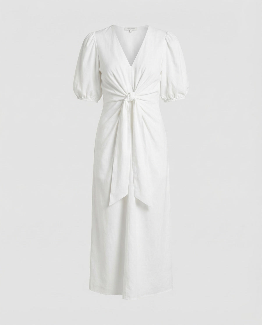Celeste Linen Blend Midi Dress with Belted in White